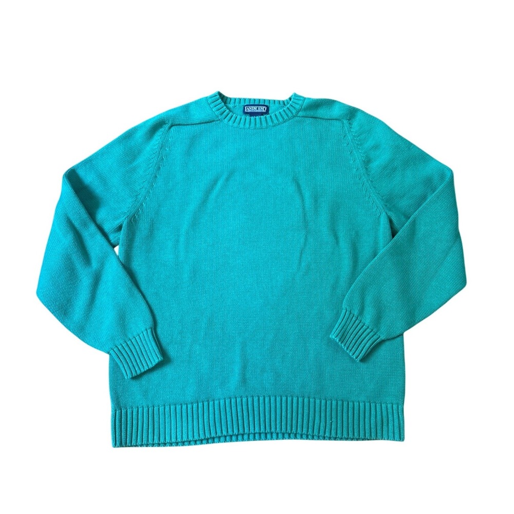 Lands End Sweater Mens Teal Green Cotton Knit Crewneck Drifter SIZE‎ L 42-44